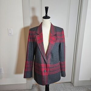 Country Suburbans Blazer Jacket Women Sz 6 Red Gray Plaid USA Made -Fabric Italy